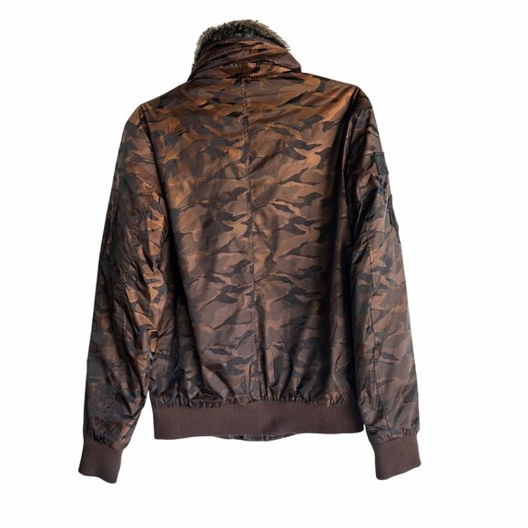 XRAY Jeans Brown Camouflage Bomber Jacket W/ Faux Fur Collar & Patches Size M - Picture 2 of 13